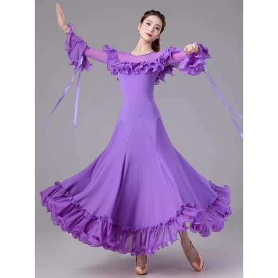 Women girls purple wine pink ruffles ballroom dance dresses waltz tango foxtrot smooth dance long swing skirts